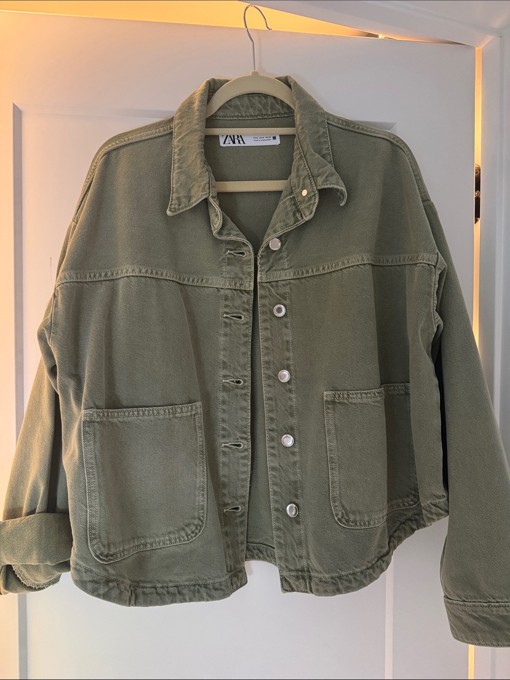 Zara Olive Utility Denim Jacket with Patch Pockets